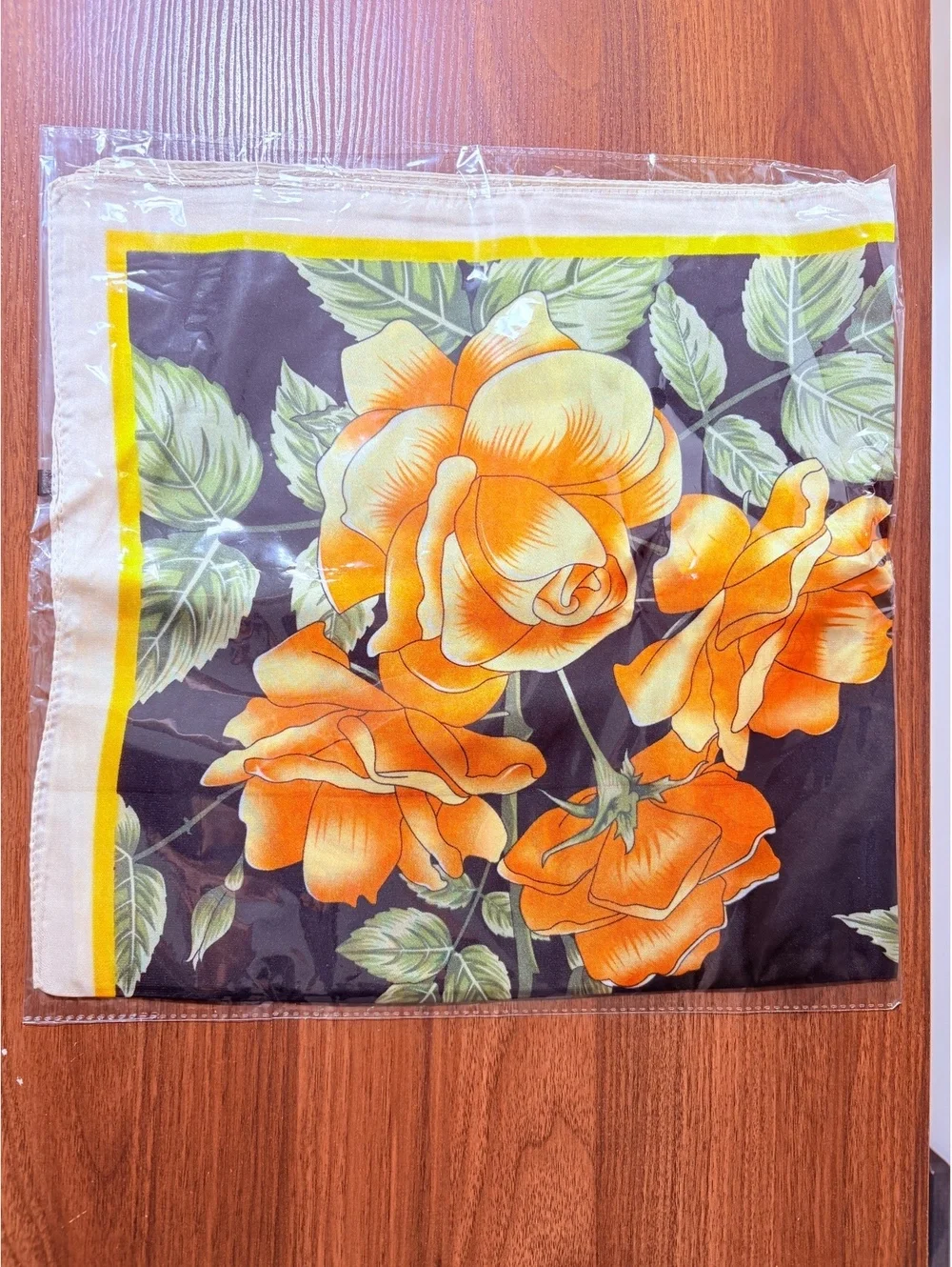 Elegant Black Scarf with Yellow and Orange Rose Floral Print